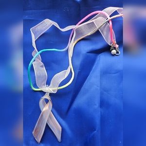 Colorful Dichroic Glass Breast Cancer Awareness Ribbon Necklace